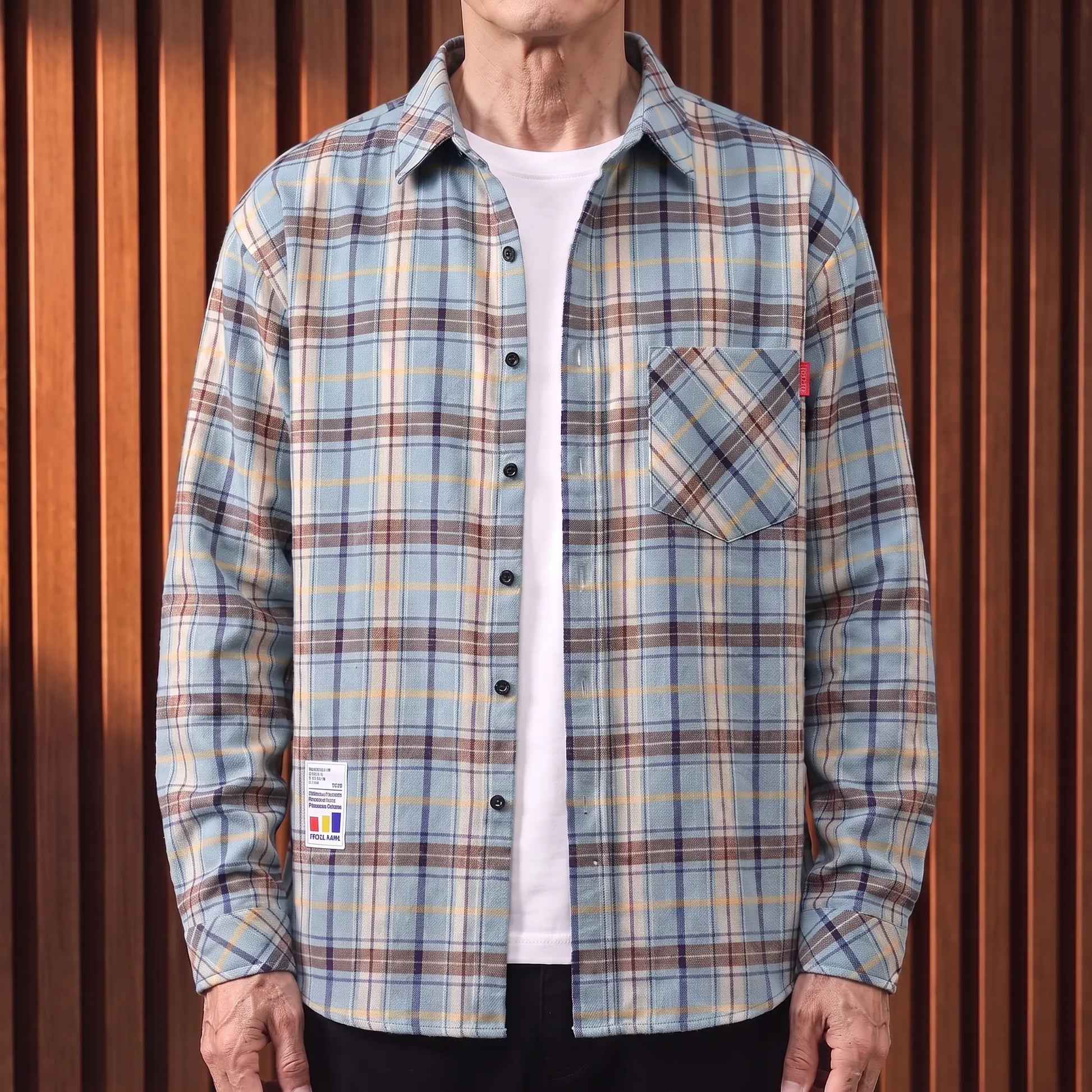 Blue plaid brushed flannel shirt worn open over a white tee by an older man