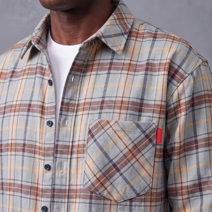 Close-up of the flannel shirt chest pocket, red tab and navy buttons