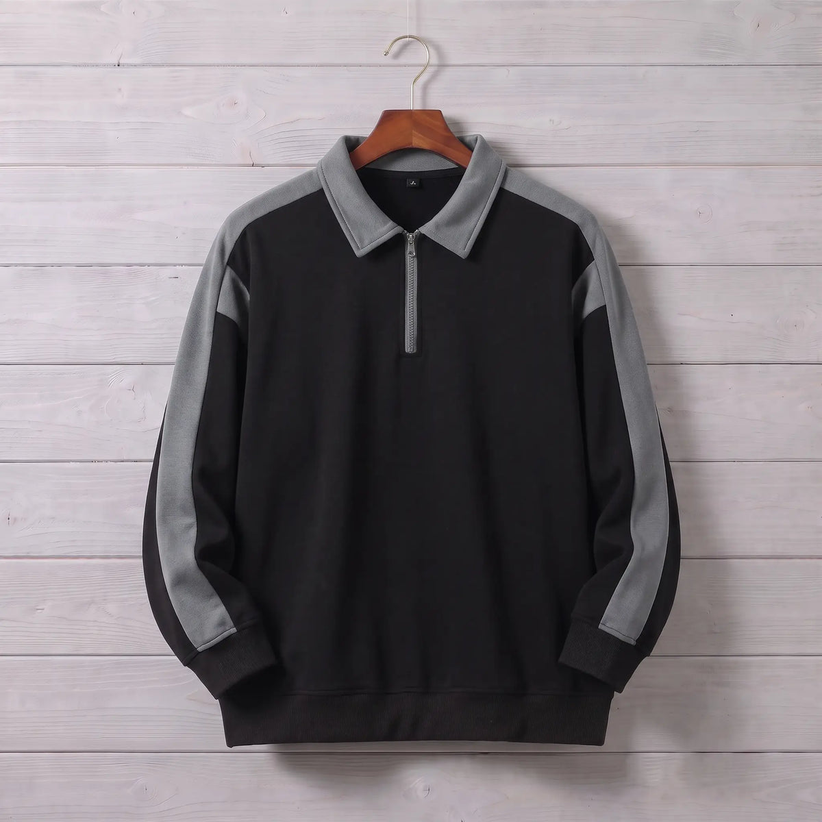 RETRO COLLAR SWEATSHIRT in black, men's polo-collar quarter-zip sweatshirt with grey contrast sleeves