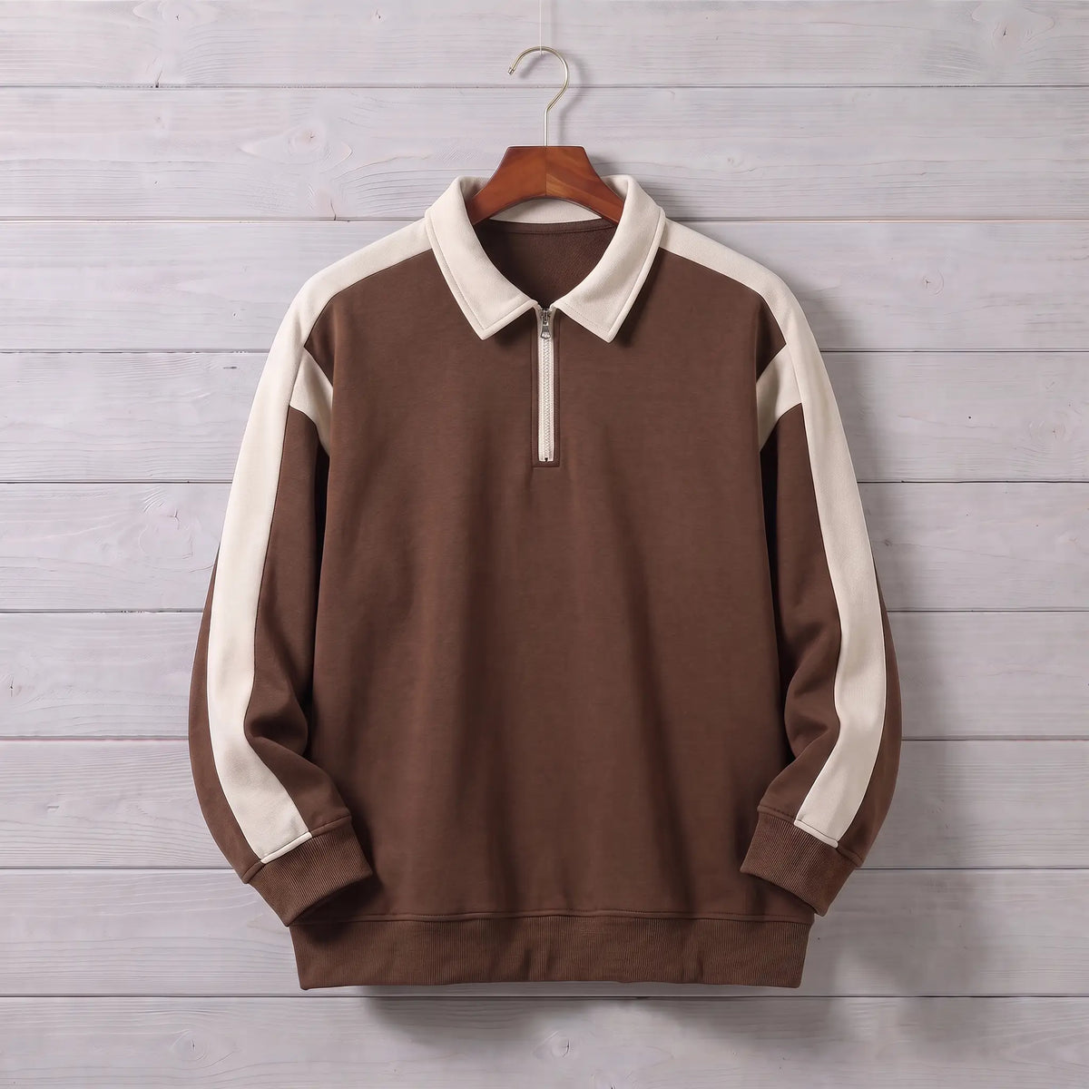 RETRO COLLAR SWEATSHIRT in brown, men's polo-collar quarter-zip sweatshirt with cream contrast sleeves