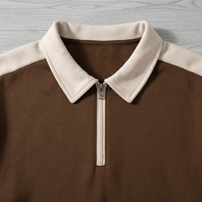 RETRO COLLAR SWEATSHIRT close-up of the polo collar and quarter zip, brown
