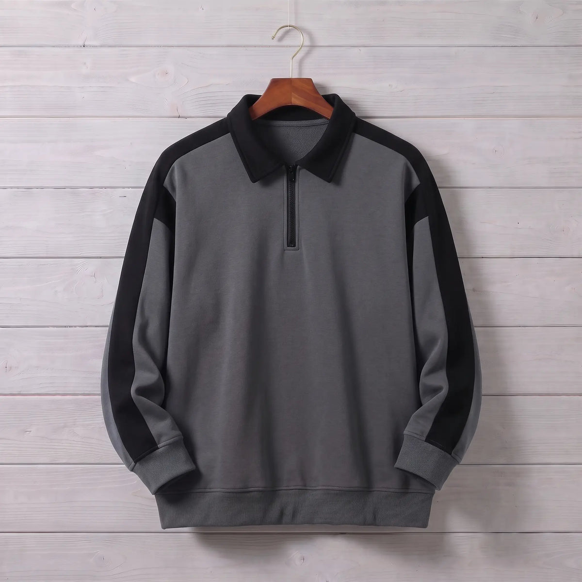 RETRO COLLAR SWEATSHIRT in grey, men's polo-collar quarter-zip sweatshirt with black contrast sleeves