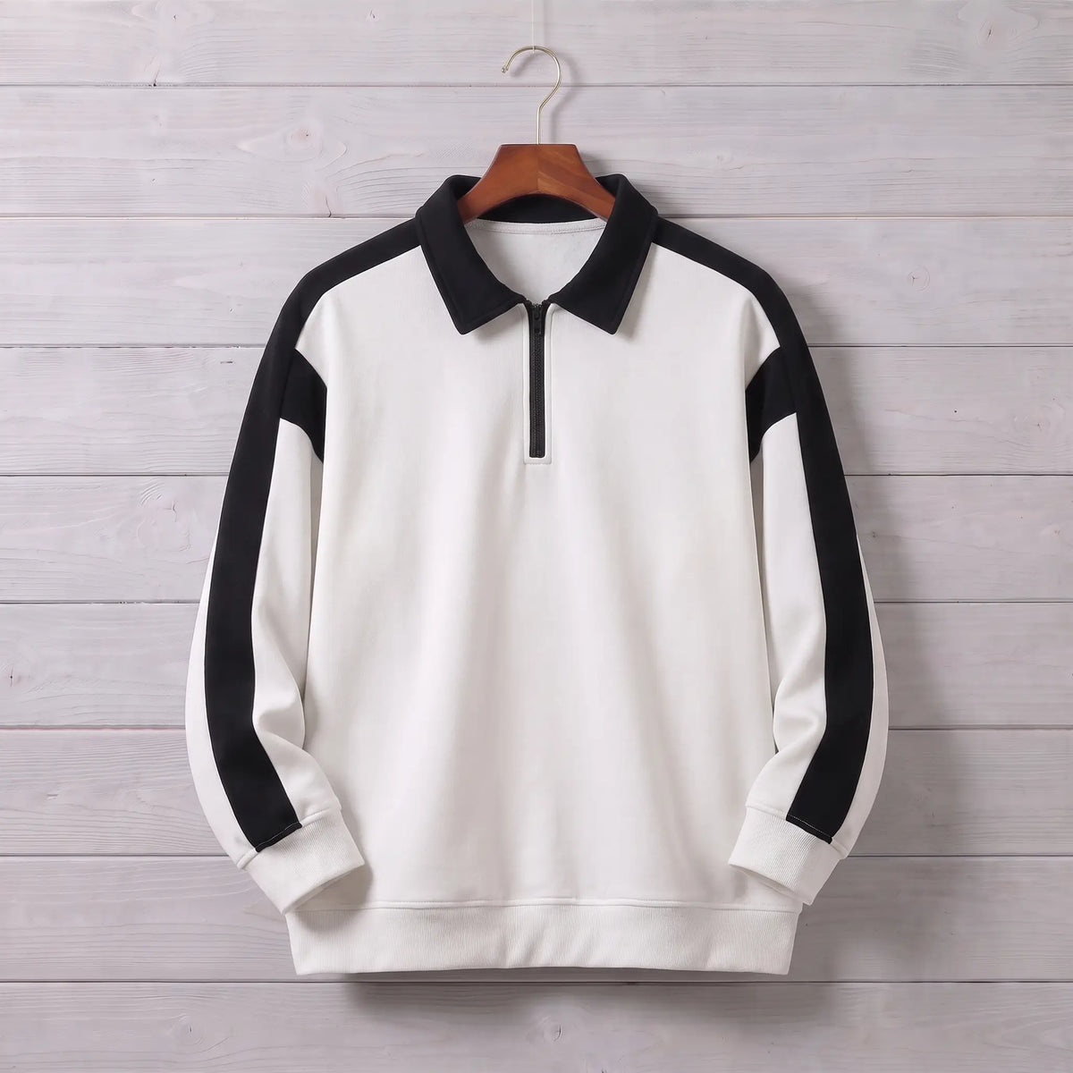 RETRO COLLAR SWEATSHIRT in white, men's polo-collar quarter-zip sweatshirt with black contrast sleeves
