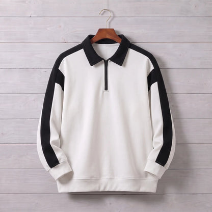 RETRO COLLAR SWEATSHIRT in white, men's polo-collar quarter-zip sweatshirt with black contrast sleeves