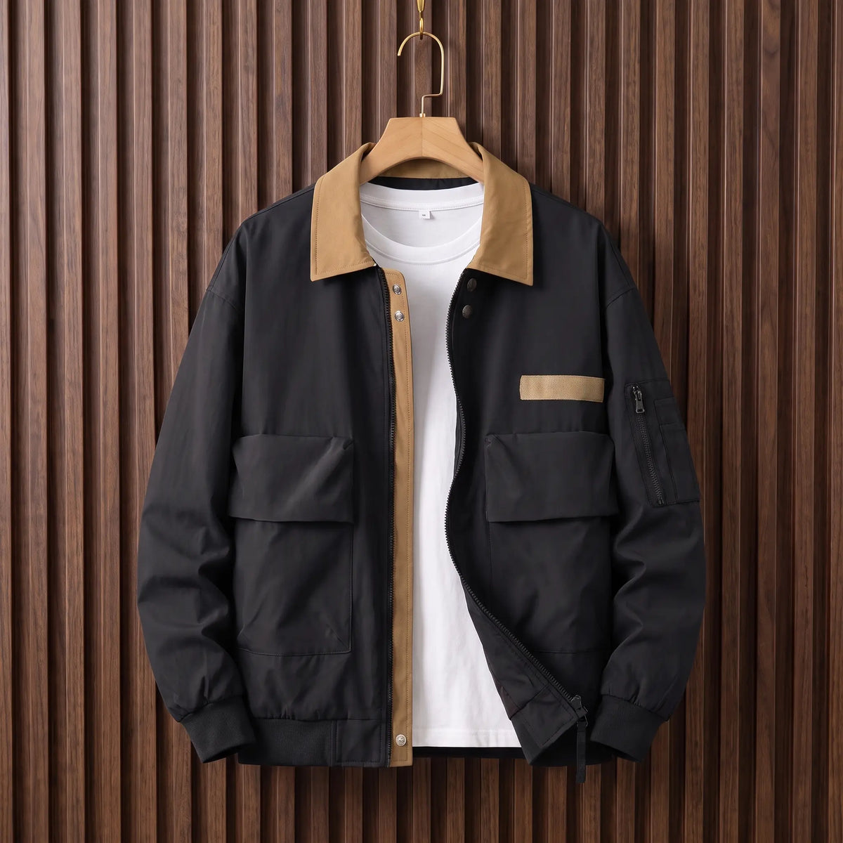 Retro pilot jacket in black with tan collar