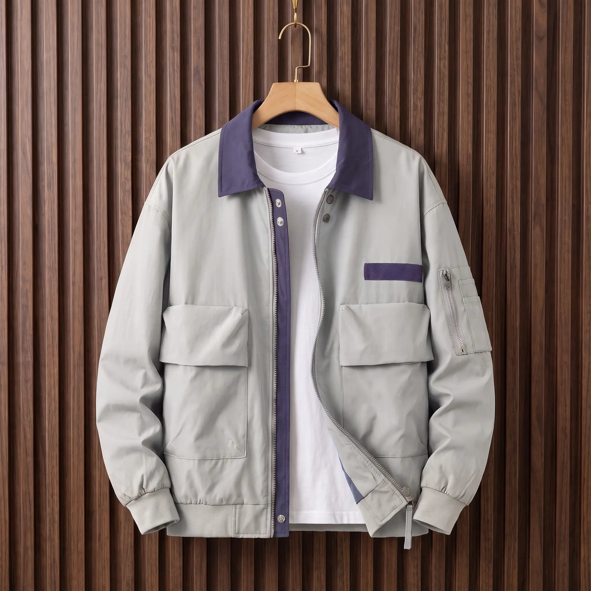 Retro pilot jacket in light grey with purple collar