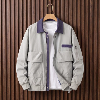 Retro pilot jacket in light grey with purple collar