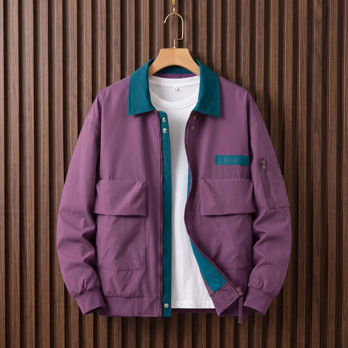 Retro pilot jacket in purple with teal collar