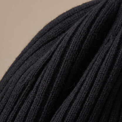 Close up of the rib knit texture on the ribbed docker beanie
