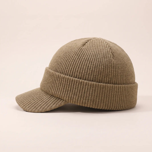 Ribbed visor beanie in khaki, side view