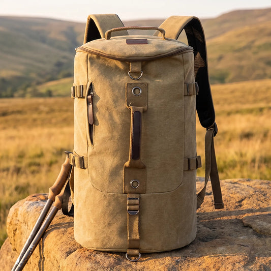 Ridge canvas rucksack in khaki, a roomy drum-shaped hiking backpack on a sandstone boulder