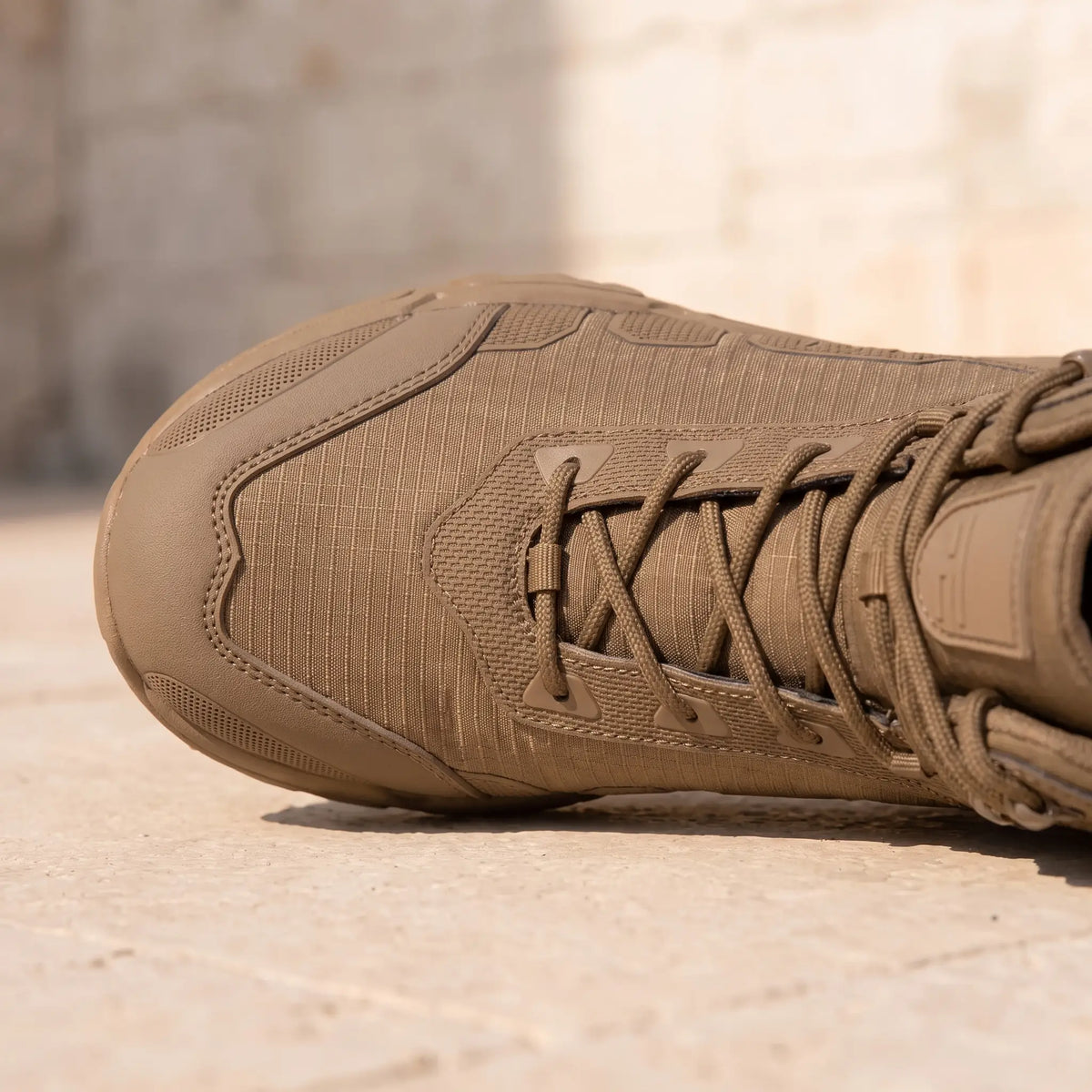 Ripstop Tactical Boots in Brown, ripstop toe and lacing close-up