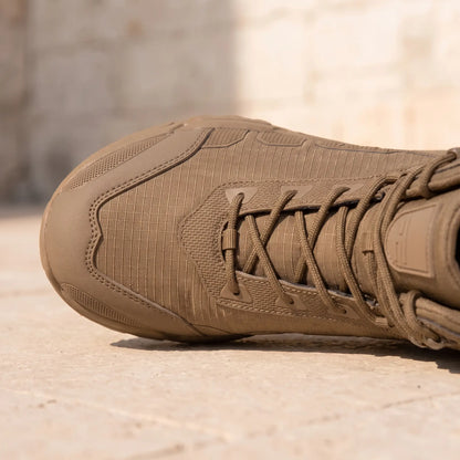 Ripstop Tactical Boots in Brown, ripstop toe and lacing close-up