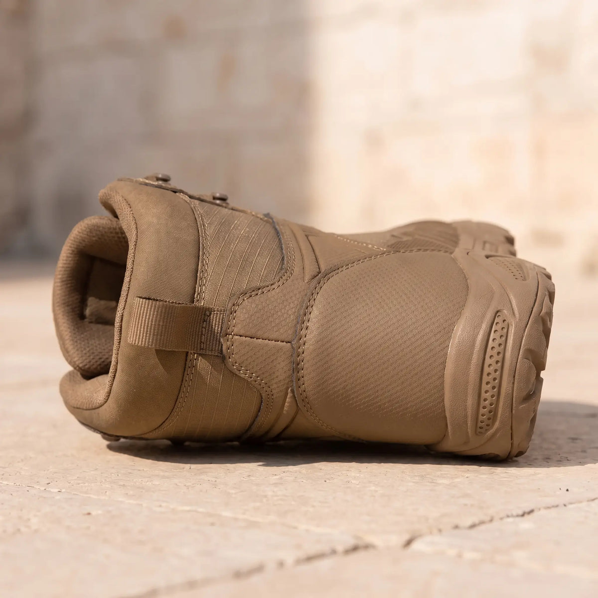 Ripstop Tactical Boots in Brown, heel pull loop and lug sole close-up