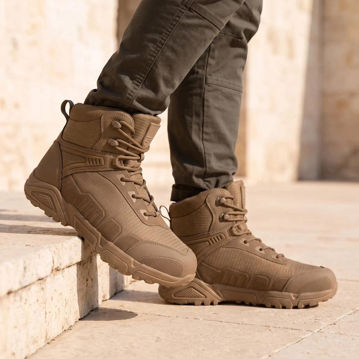 Ripstop Tactical Boots in Brown worn as a pair with olive cargo trousers