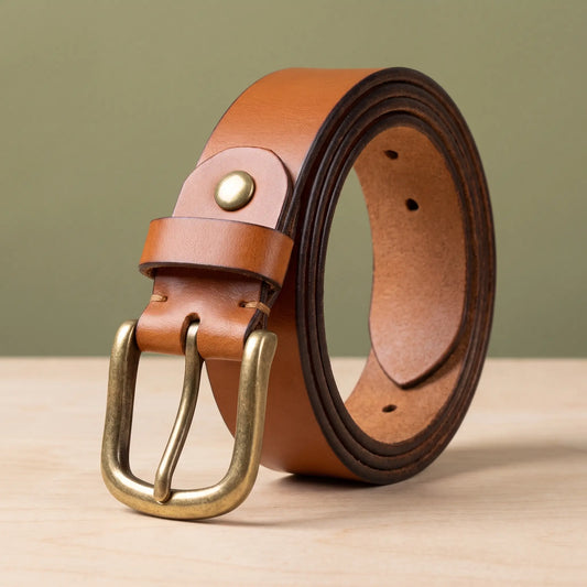Rivet keeper belt in tan cowhide with rounded brass pin buckle and brass stud on the loop