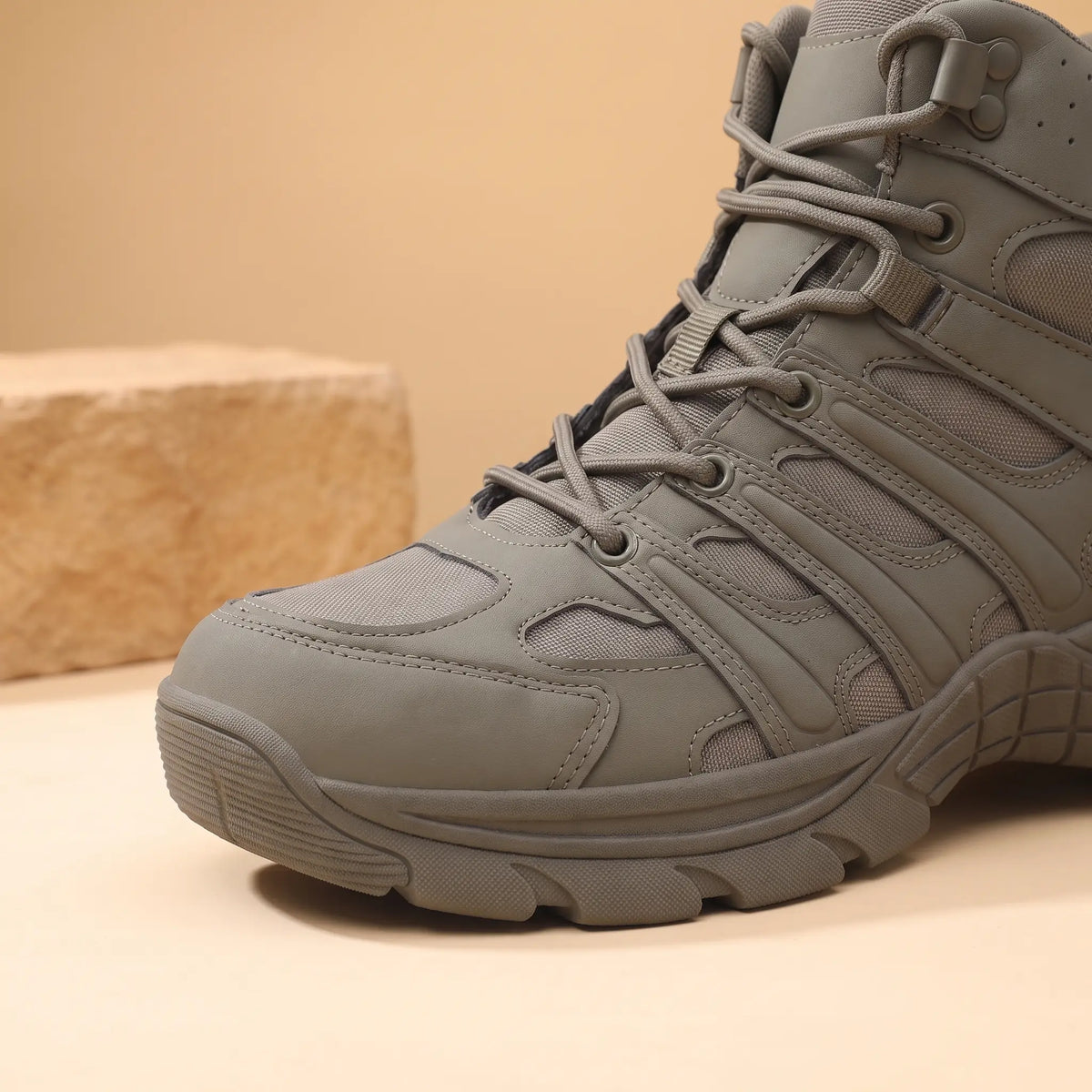 Rocky Ground Boots in Green, toe and rib overlay close-up