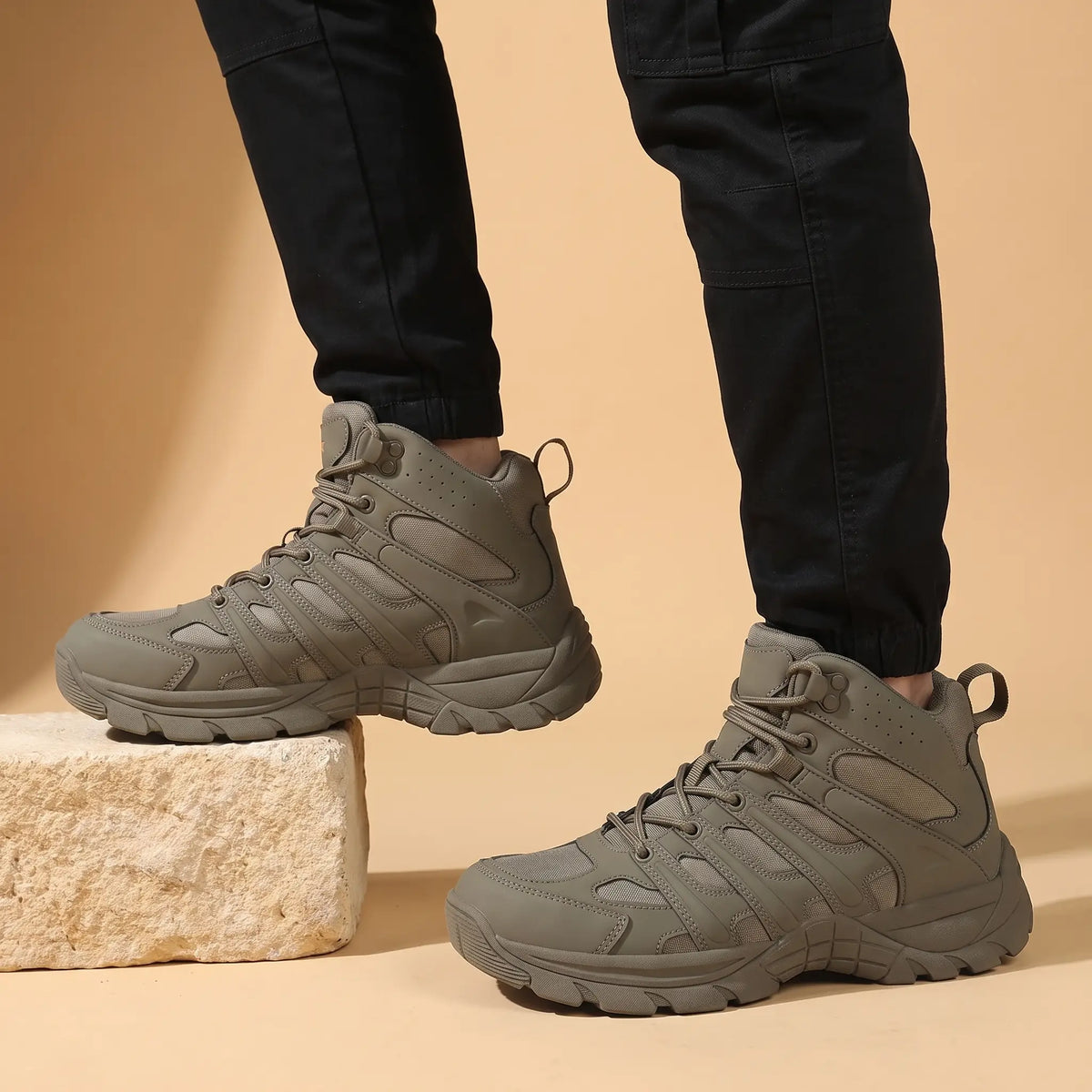 Rocky Ground Boots in Green worn as a pair with black cargo trousers