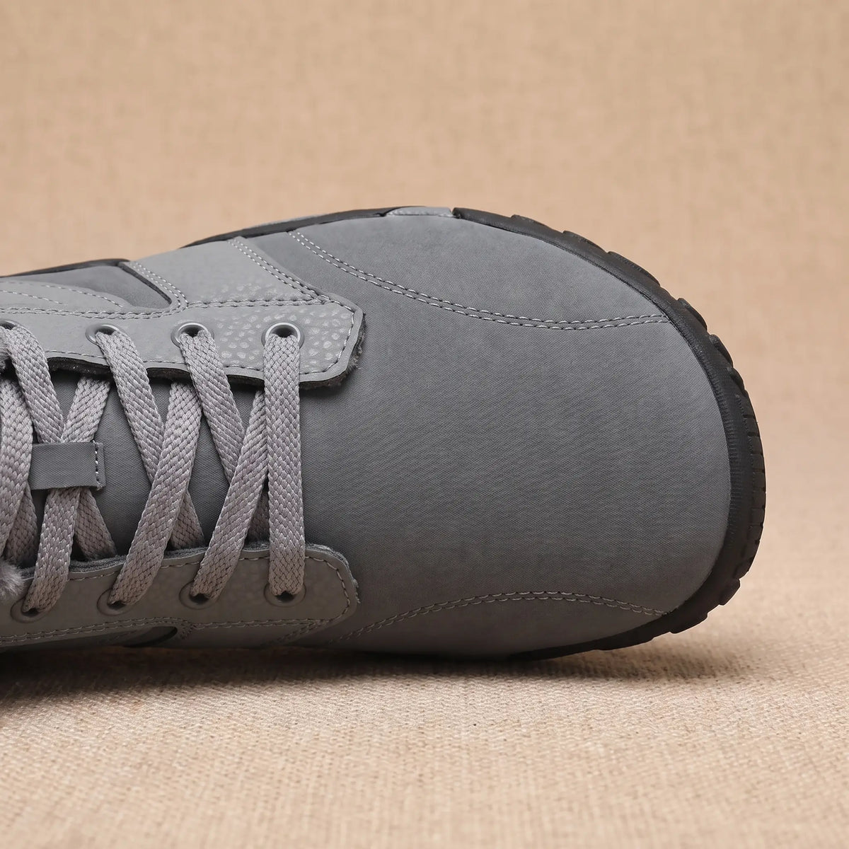 Rolled Collar Boots in Grey, front half close-up showing the wide toe and laces