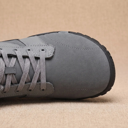 Rolled Collar Boots in Grey, front half close-up showing the wide toe and laces