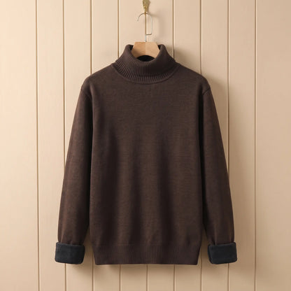 Men's brown fleece lined roll neck sweater on a wooden hanger