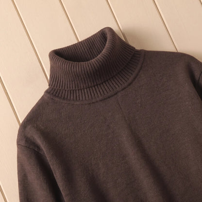 Close-up of the ribbed roll neck on the brown sweater