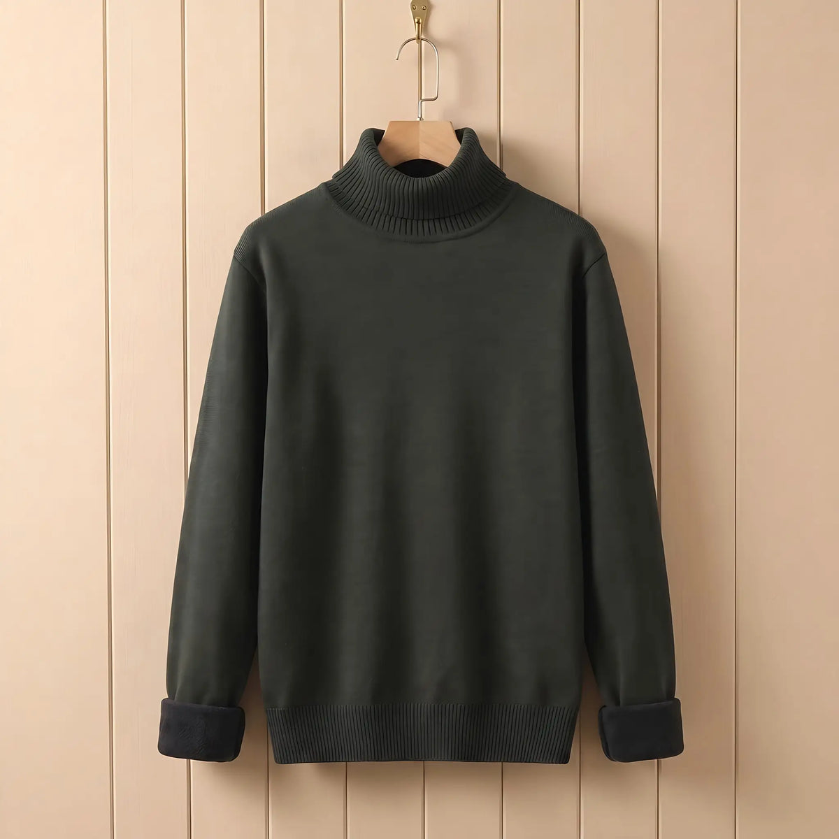 Men's dark green fleece lined roll neck sweater on a wooden hanger