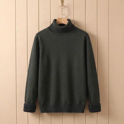 Men's dark green fleece lined roll neck sweater on a wooden hanger