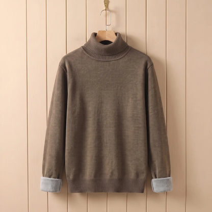 Men's khaki fleece lined roll neck sweater on a wooden hanger