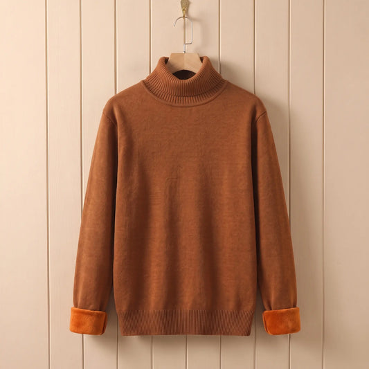 Men's orange fleece lined roll neck sweater on a wooden hanger