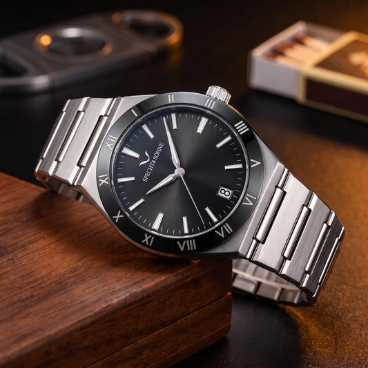 Black dial men's steel bracelet watch with a Roman numeral bezel