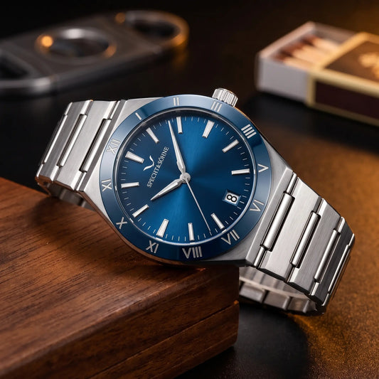Blue dial men's steel bracelet watch with a Roman numeral bezel