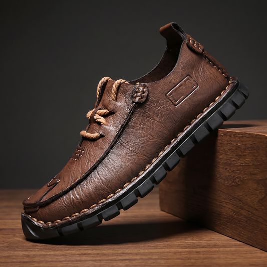 Brown pebble grain leather moccasin with rope lace and lugged sole