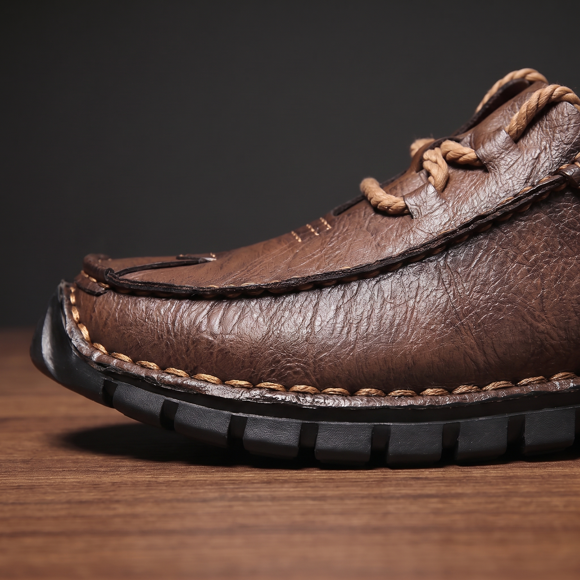 Close-up of the moccasin welt stitching and lugged rubber sole