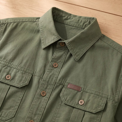 Collar and twin flap chest pockets close-up
