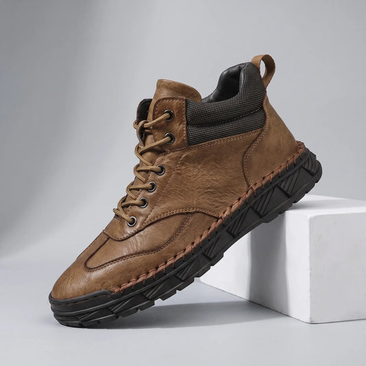 RUGGED LACE BOOTS in brown, men's mid-top lace-up boot with a mesh collar and hand-stitched lug sole
