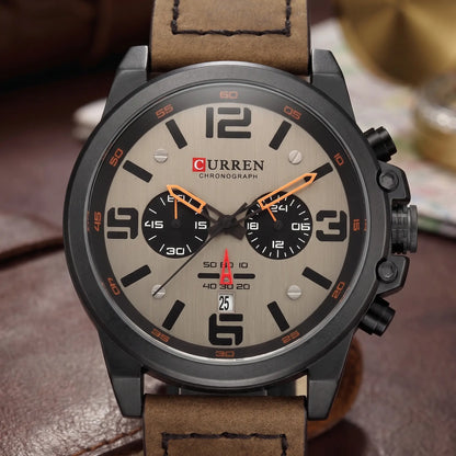 Close-up of the grey chronograph dial with large numbers and two subdials