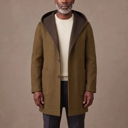 SHAWL HOOD COAT in brown, mid length hooded overcoat with contrast coffee hood facing, worn open