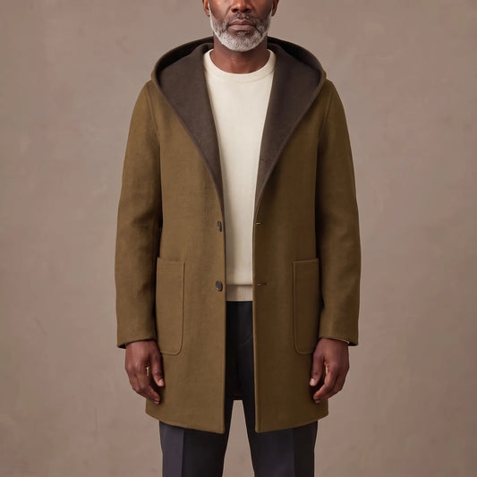 SHAWL HOOD COAT in brown, mid length hooded overcoat with contrast coffee hood facing, worn open