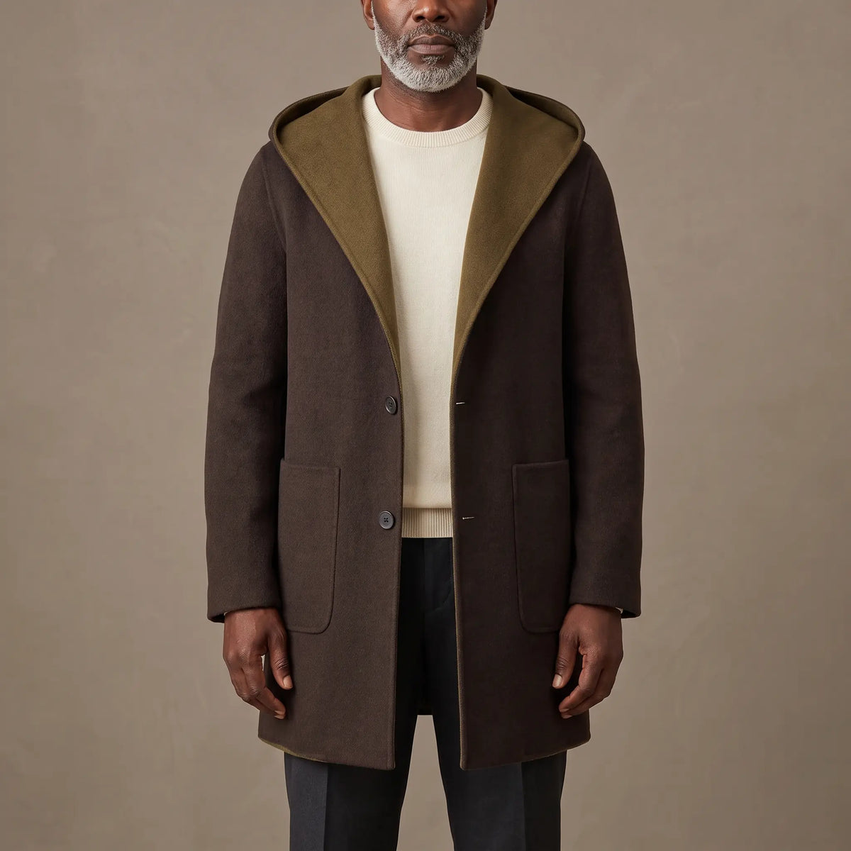 SHAWL HOOD COAT in coffee, mid length hooded overcoat with contrast olive hood facing, worn