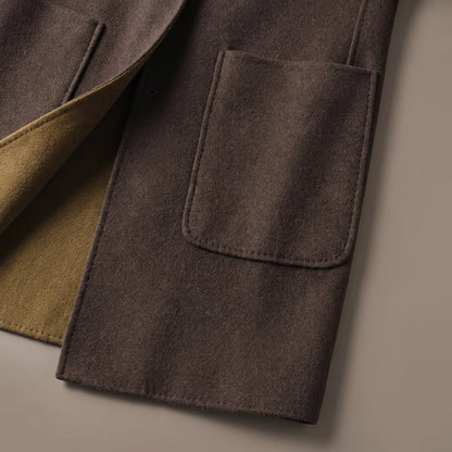 Close up of the SHAWL HOOD COAT hip patch pocket, hem and contrast front edge