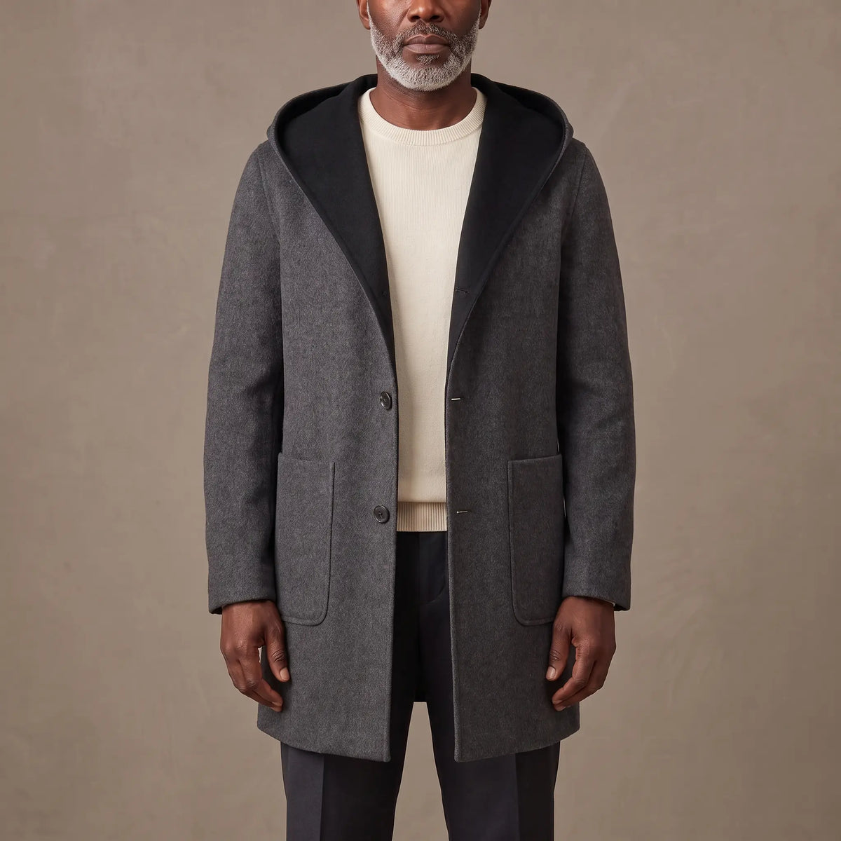 SHAWL HOOD COAT in grey, mid length hooded overcoat with contrast black hood facing, worn