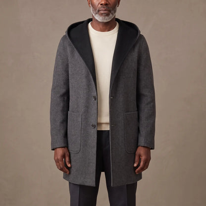 SHAWL HOOD COAT in grey, mid length hooded overcoat with contrast black hood facing, worn