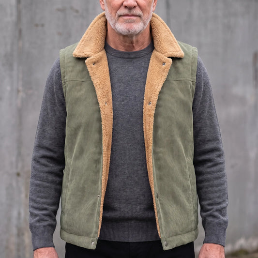 Man wearing the army green corduroy shearling collar vest open over a charcoal knit