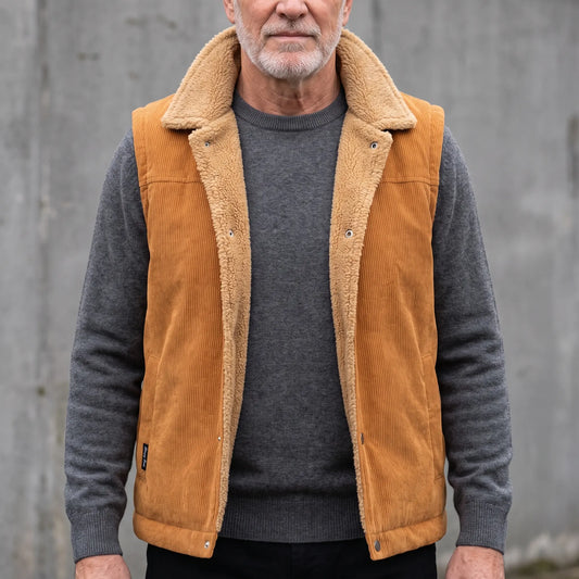 Man wearing the caramel corduroy shearling collar vest open over a charcoal knit