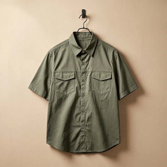 Olive green short sleeve utility shirt on a black hanger against a sand plaster wall