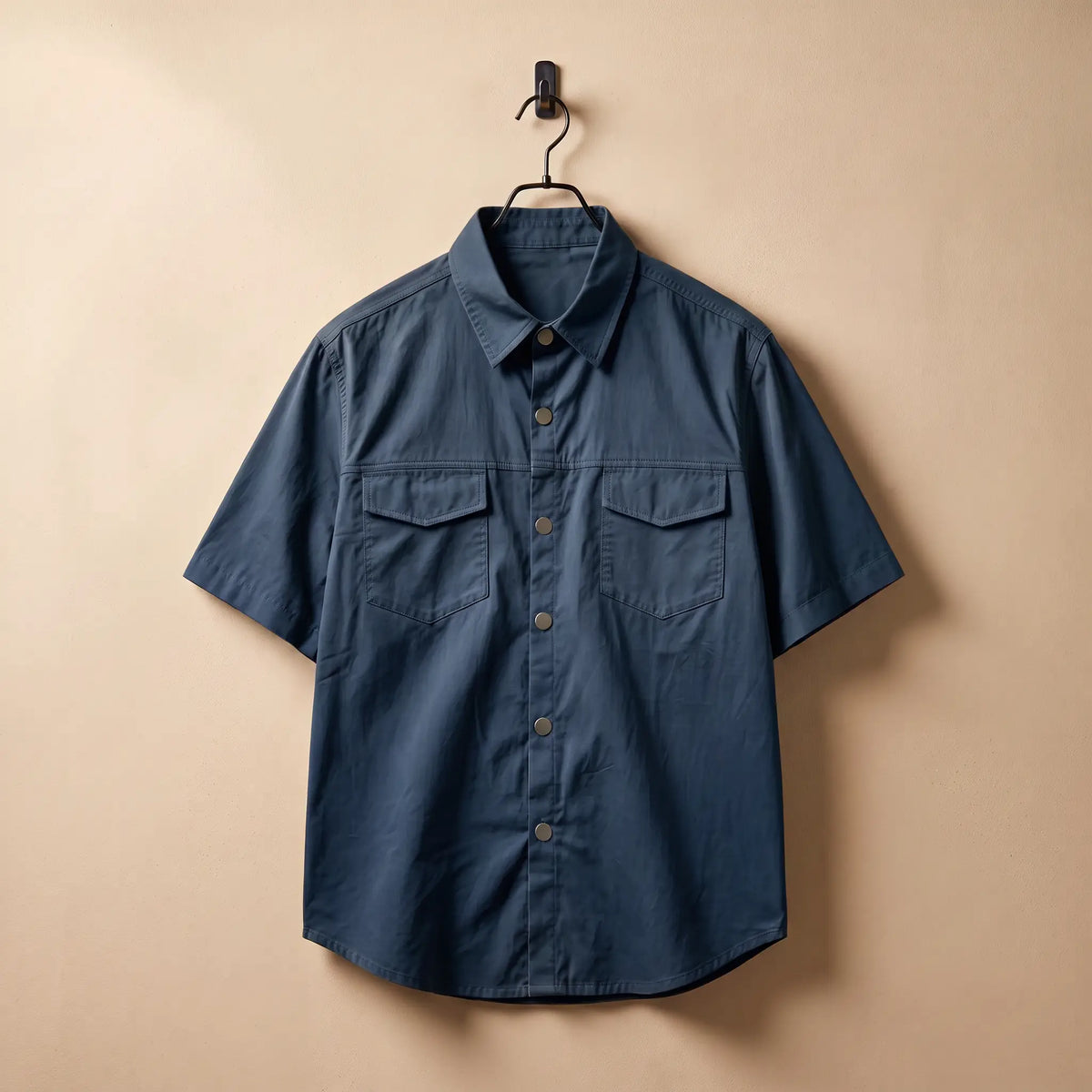 Navy blue short sleeve utility shirt on a black hanger against a sand plaster wall
