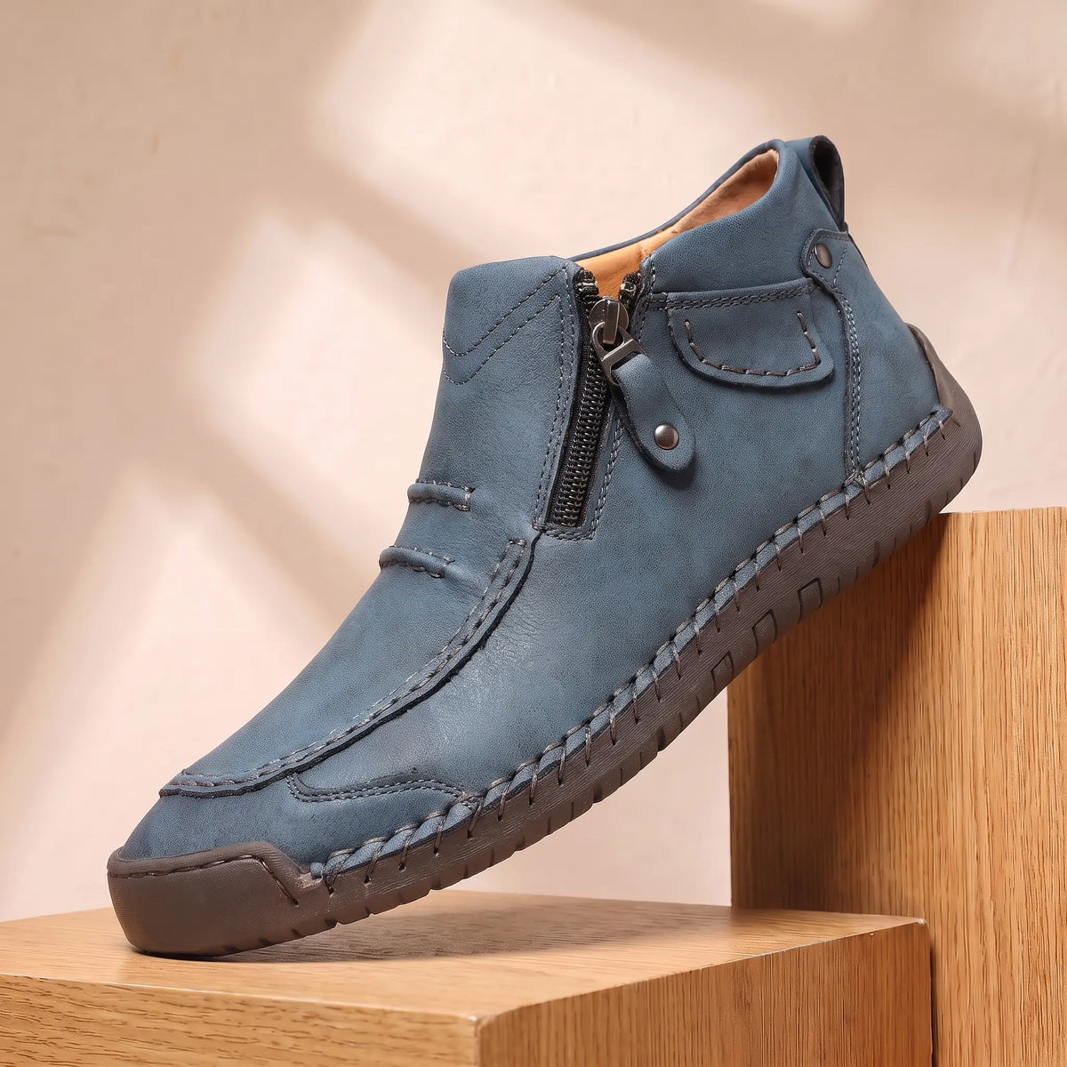 SIDE ZIP BOOTS in blue, leather ankle boot with side zip, moc toe and hand stitched sole