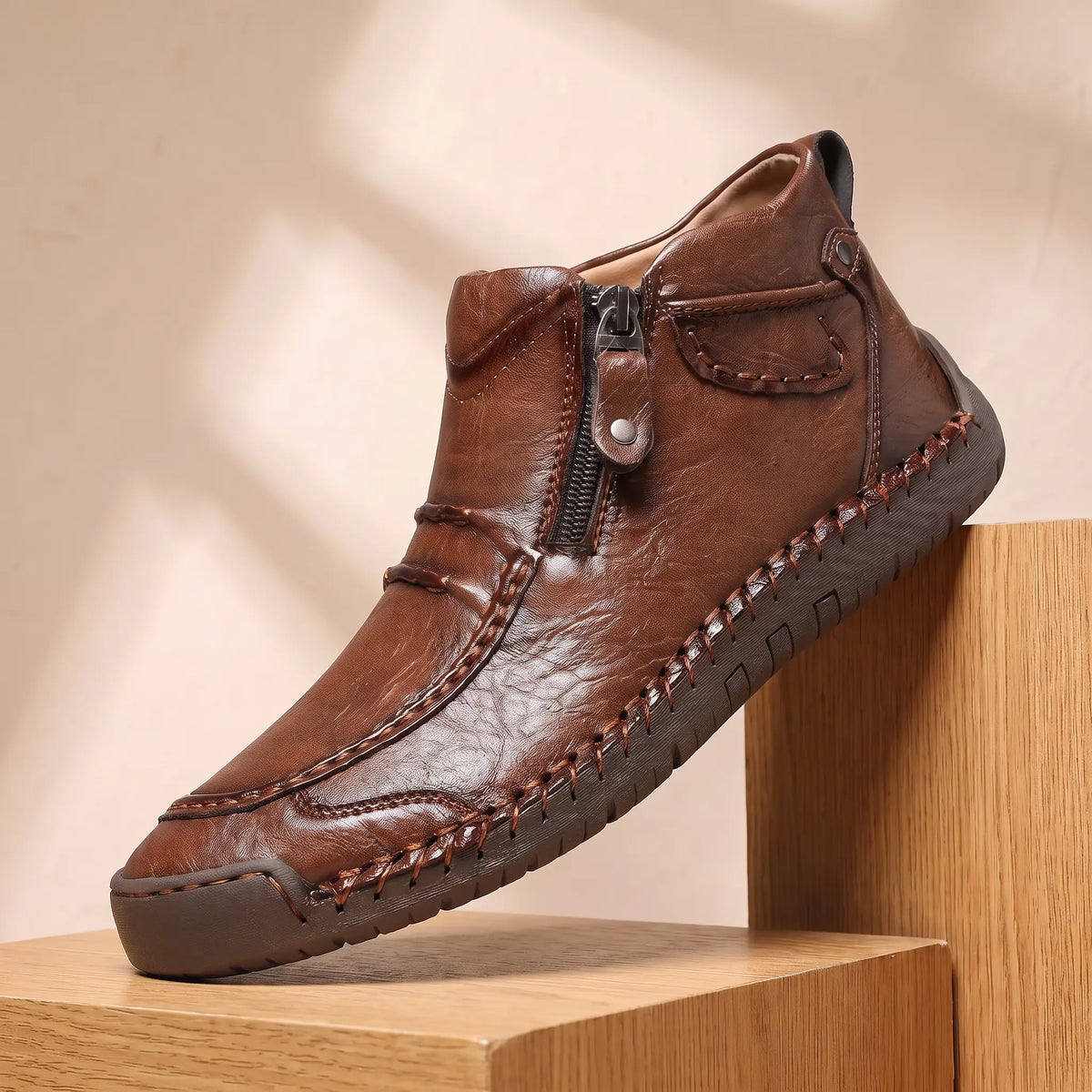 SIDE ZIP BOOTS in brown, leather ankle boot with side zip, moc toe and hand stitched sole