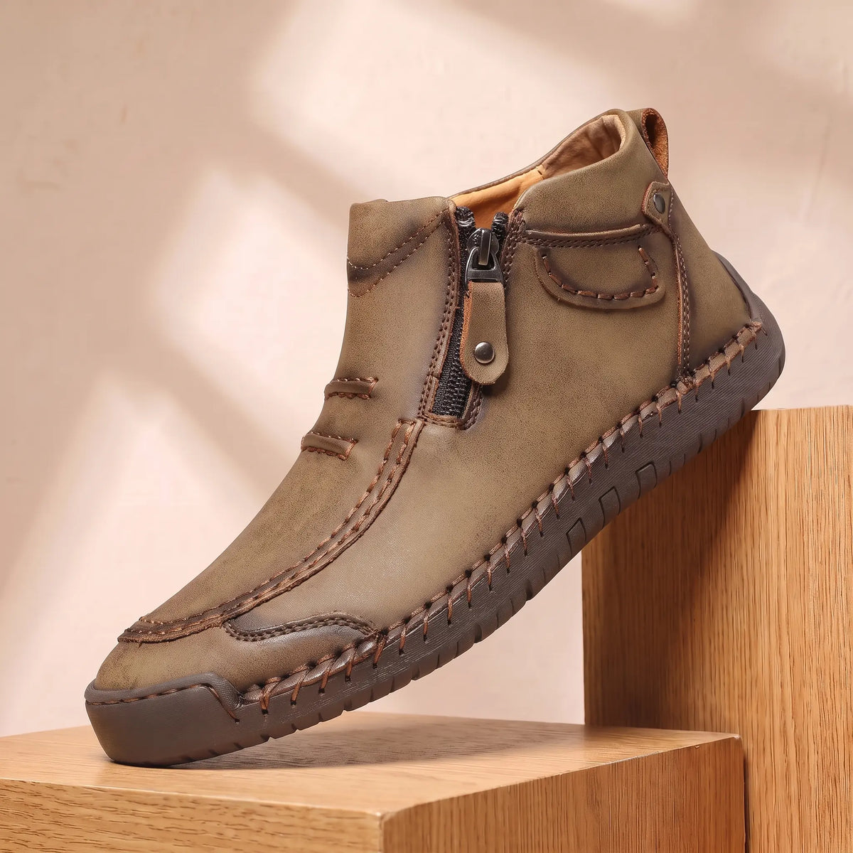 SIDE ZIP BOOTS in khaki, leather ankle boot with side zip, moc toe and hand stitched sole
